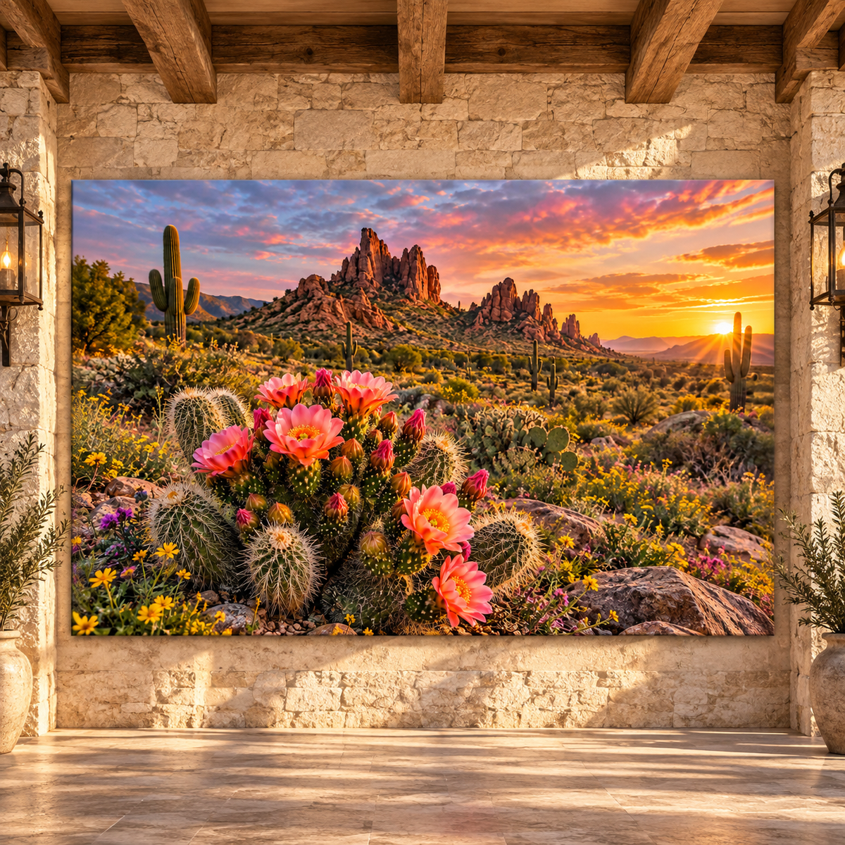 Blooming Desert Cactus at Sunset Wrapped Canvas Wall Art – Southwest Arizona Landscape Print