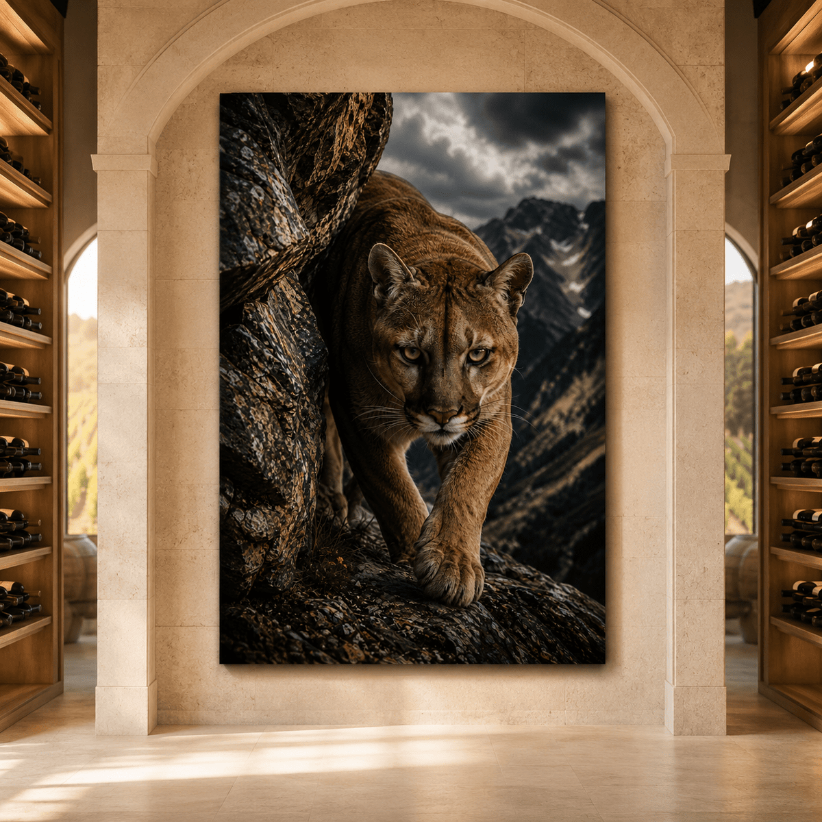 Mountain Cougar Wrapped Canvas Wall Art – Rocky Cliff Puma Wildlife Portrait Print - ART OF ROYALS