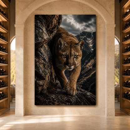 Mountain Cougar Wrapped Canvas Wall Art – Rocky Cliff Puma Wildlife Portrait Print - ART OF ROYALS