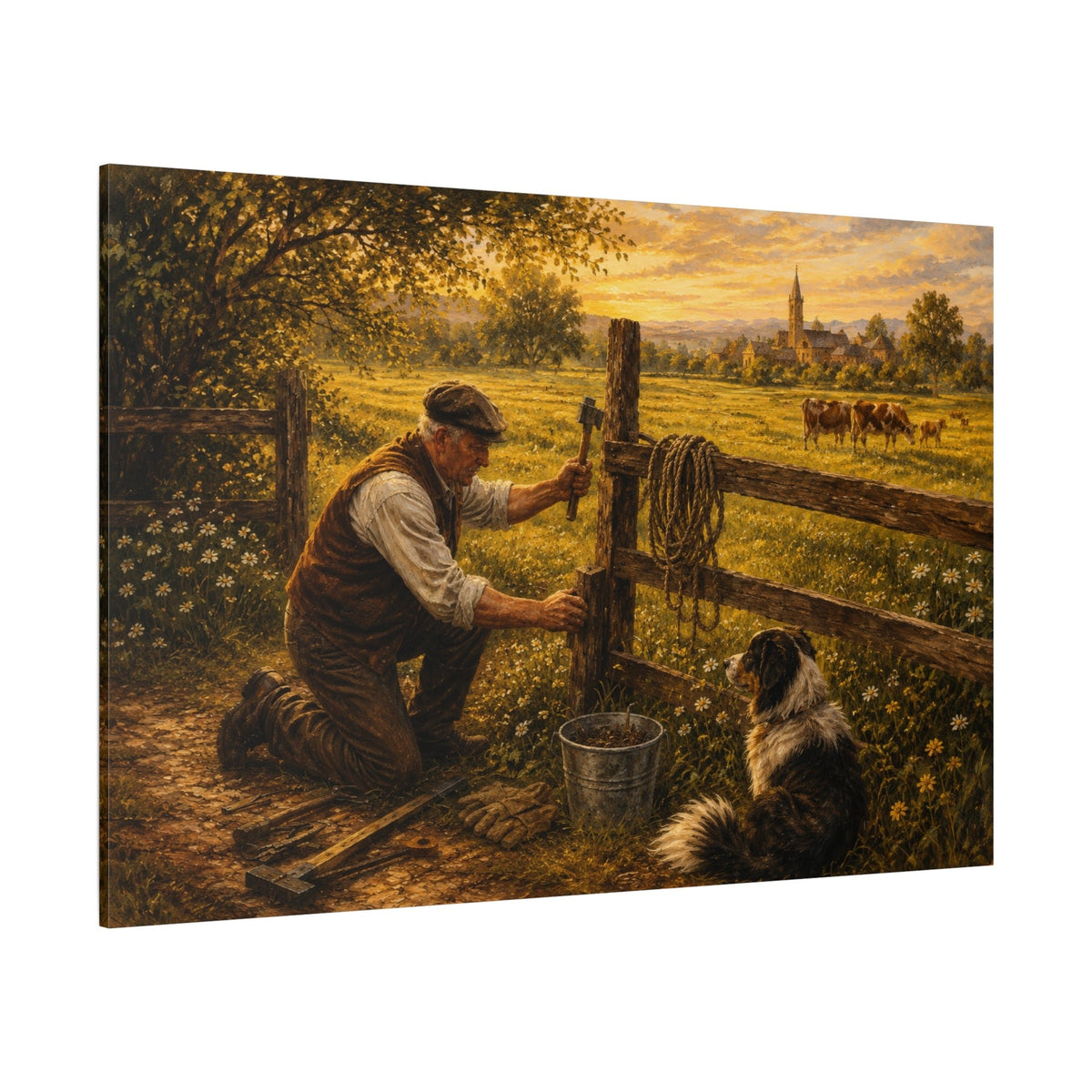 Mending the Fence Line – Farmer and Dog Pasture Canvas Wall Art - ART OF ROYALS
