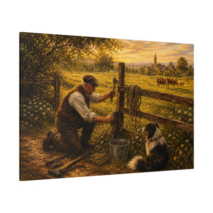 Mending the Fence Line – Farmer and Dog Pasture Canvas Wall Art - ART OF ROYALS