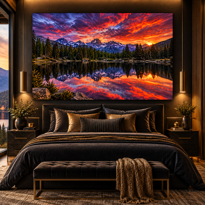 Mountain Lake Sunset Wrapped Canvas Wall Art – Dramatic Alpine Landscape with Fiery Sky
