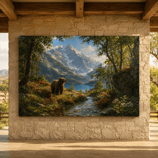 Grizzly Bear Mountain Landscape Wrapped Canvas Wall Art – Alpine Lake & Wildflower Wilderness Print - ART OF ROYALS
