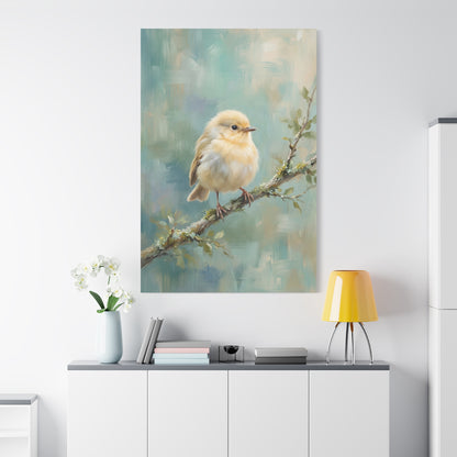 Soft Serenity – Fluffy Baby Bird on Branch Canvas Wall Art