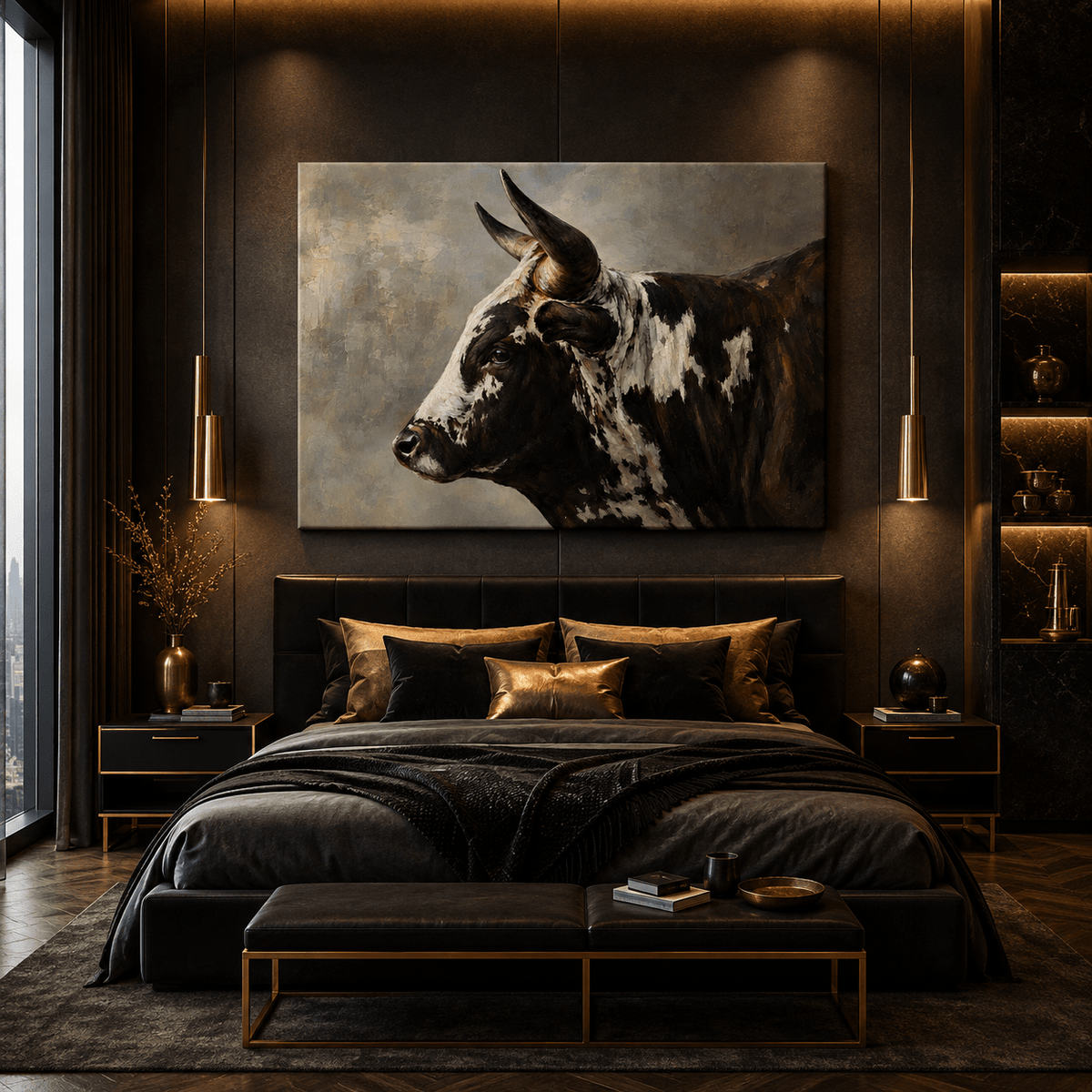 Black and White Bull Profile Wrapped Canvas Wall Art – Textured Oil Painting Print - ART OF ROYALS