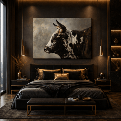 Black and White Bull Profile Wrapped Canvas Wall Art – Textured Oil Painting Print - ART OF ROYALS