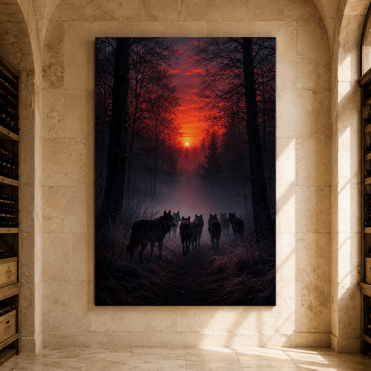Wolf Pack at Red Sunset Wrapped Canvas Wall Art – Dark Forest Wildlife Print - ART OF ROYALS