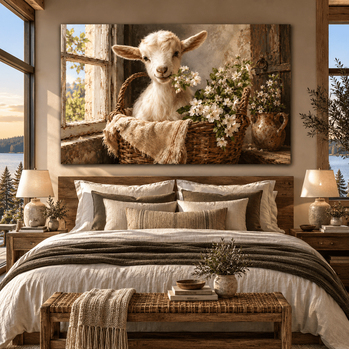 Baby Goat in Basket with White Blossoms Wrapped Canvas Wall Art – Rustic Farmhouse Nursery Decor - ART OF ROYALS