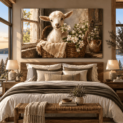 Baby Goat in Basket with White Blossoms Wrapped Canvas Wall Art – Rustic Farmhouse Nursery Decor - ART OF ROYALS