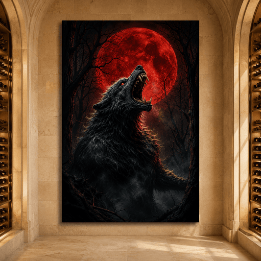 Black Werewolf Howling at Blood Moon Wrapped Canvas Wall Art – Dark Gothic Wolf Horror Print - ART OF ROYALS