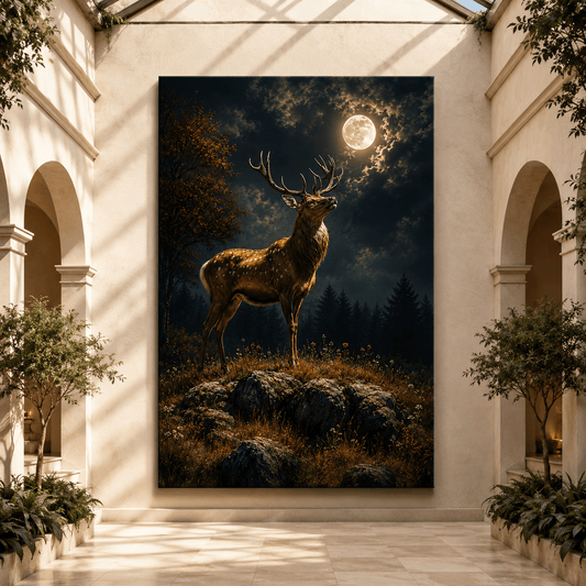 Elk Beneath the Full Moon Wrapped Canvas Wall Art – Mystical Nighttime Wildlife Print - ART OF ROYALS