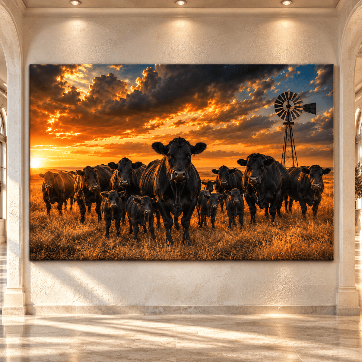 Black Angus Cattle Herd at Sunset Wrapped Canvas Wall Art – Western Ranch Windmill Landscape - ART OF ROYALS
