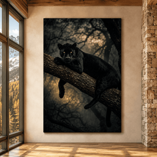Black Panther Resting on Tree Wrapped Canvas Wall Art – Dark Jungle Big Cat Wildlife Print - ART OF ROYALS