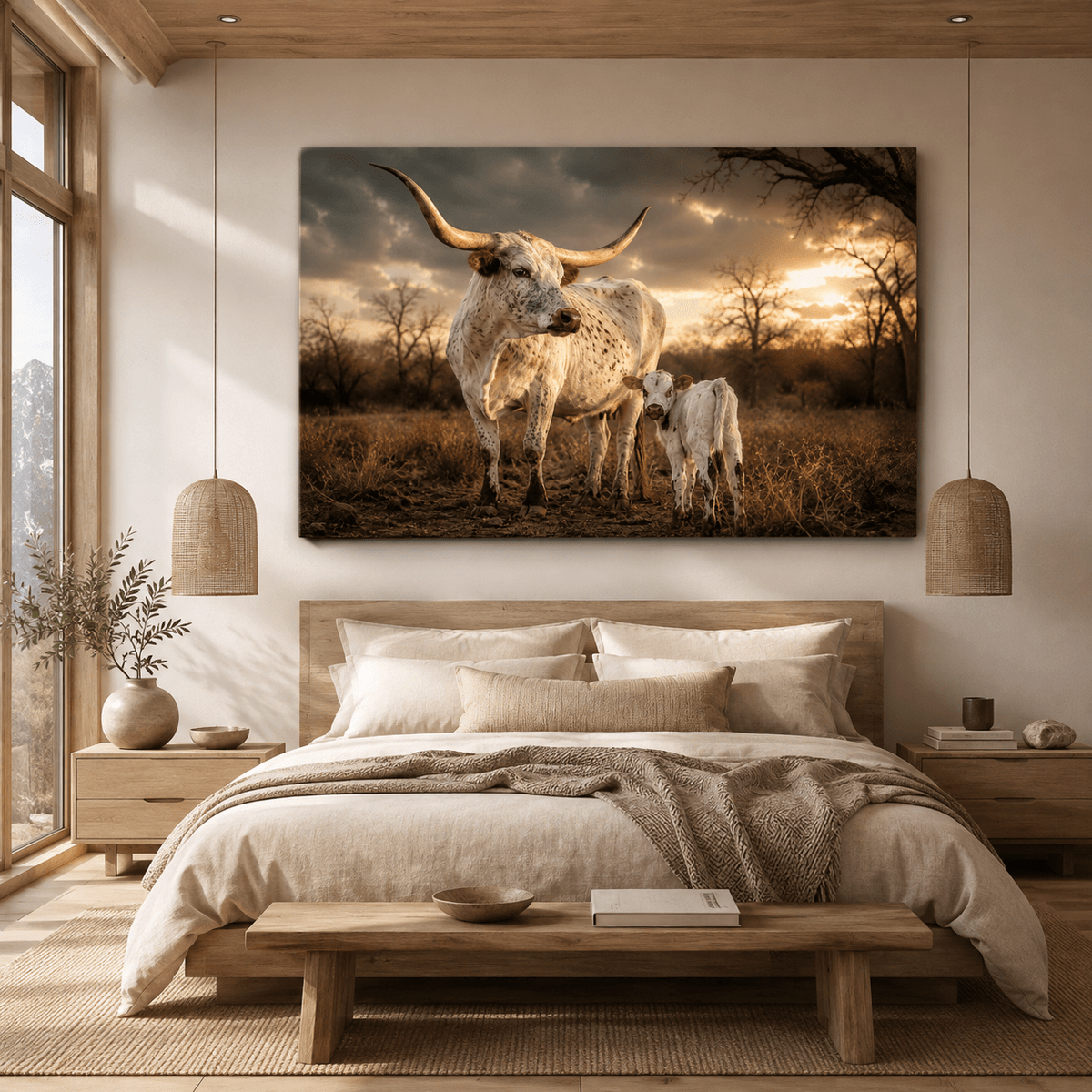 Texas Longhorn Cow & Calf Wrapped Canvas Wall Art – Rustic Western Ranch Cattle Print - ART OF ROYALS