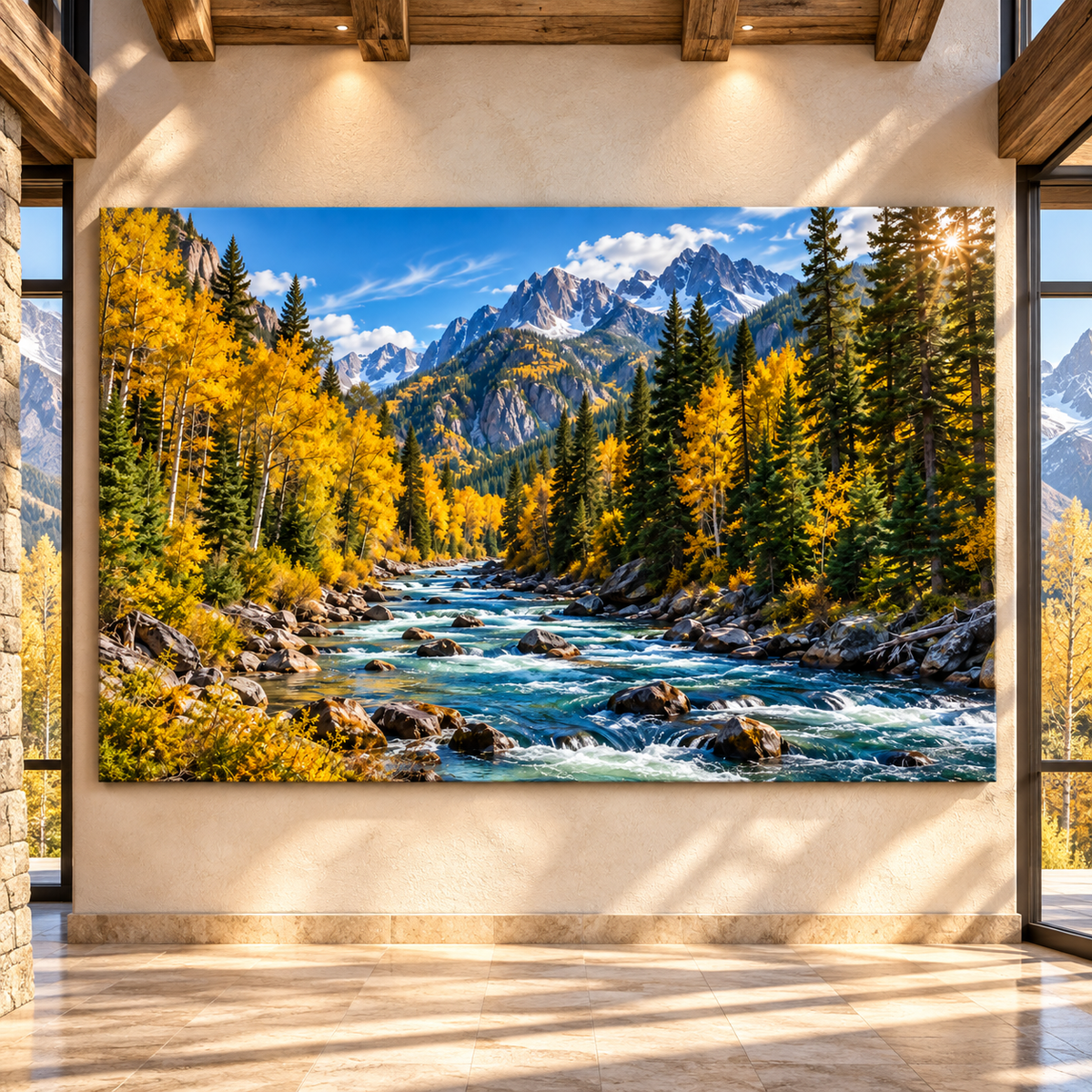 Golden Aspen Mountain River Wrapped Canvas Wall Art – Autumn Alpine Forest Landscape Print