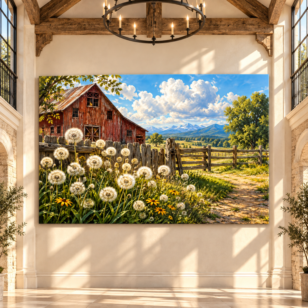 Red Barn & Dandelion Meadow Wrapped Canvas Wall Art – Rustic Mountain Farm Landscape Painting