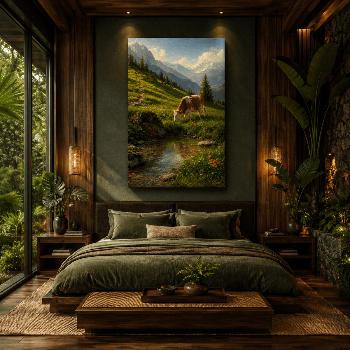 Alpine Cow by Mountain Stream Wrapped Canvas Wall Art – Classical Landscape Painting Print - ART OF ROYALS