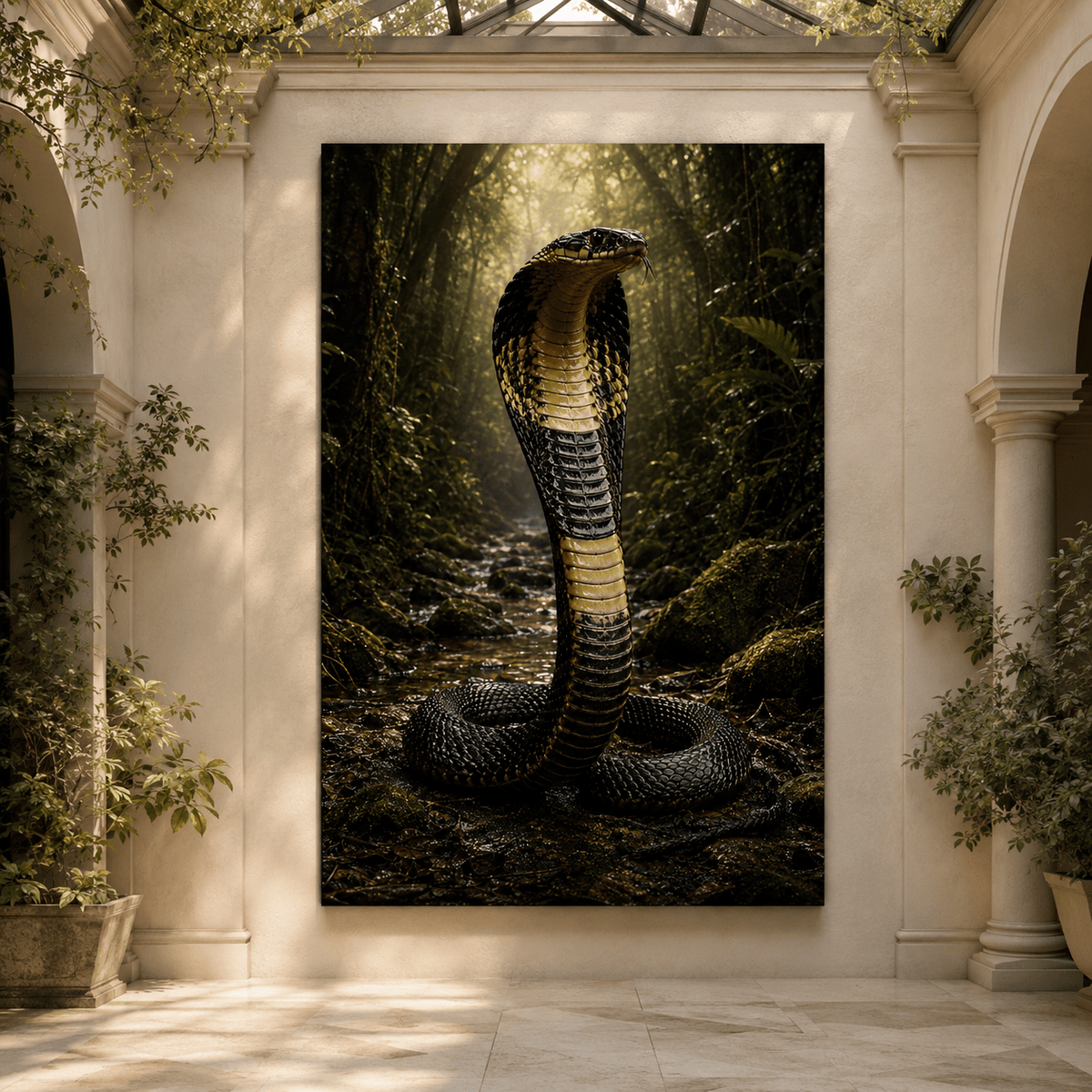 Black Cobra Snake Wrapped Canvas Wall Art – Hooded Serpent in Dark Jungle Print - ART OF ROYALS
