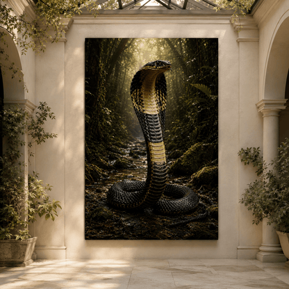 Black Cobra Snake Wrapped Canvas Wall Art – Hooded Serpent in Dark Jungle Print - ART OF ROYALS