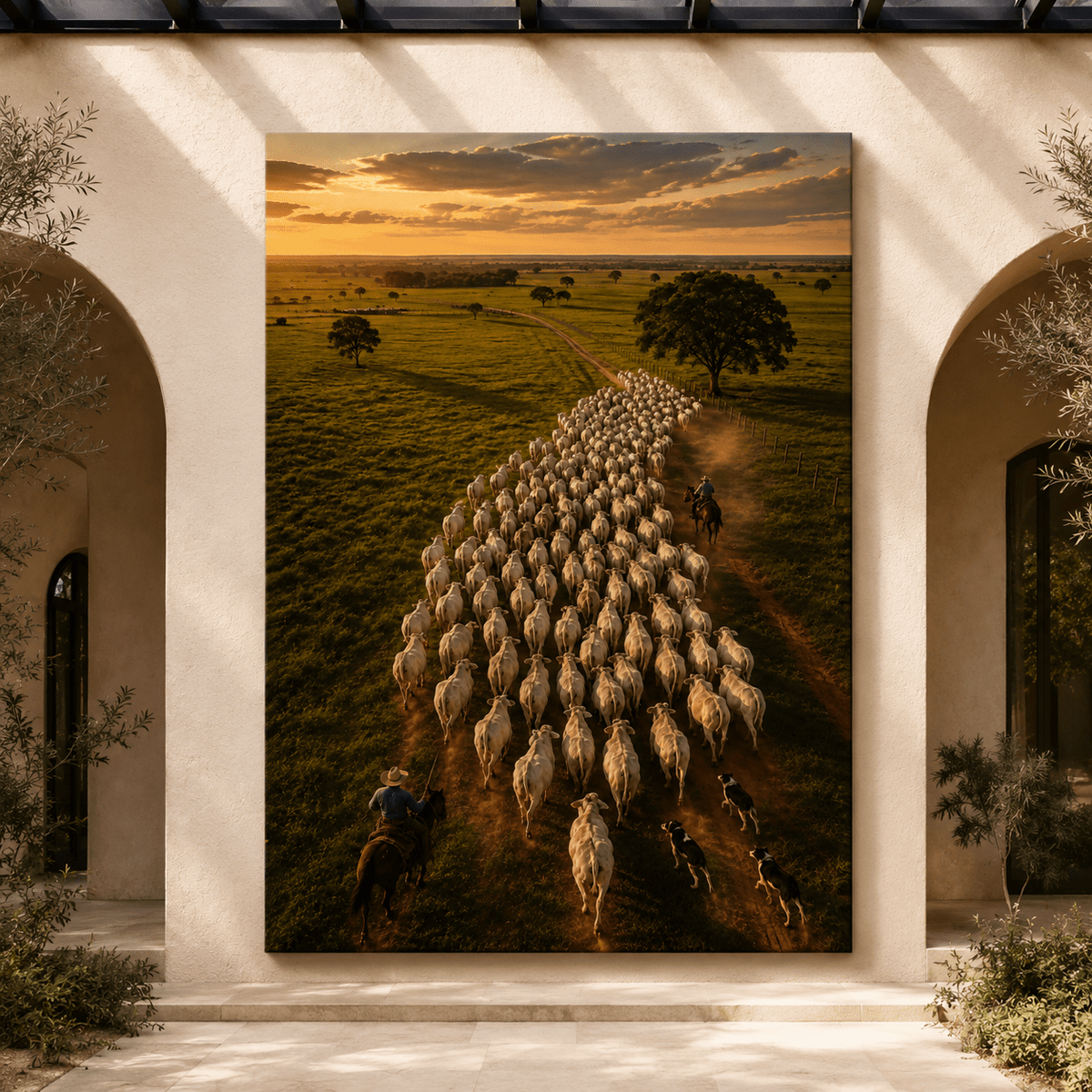 Cowboys Herding White Cattle Wrapped Canvas Wall Art – Sunset Ranch Drive Western Print - ART OF ROYALS