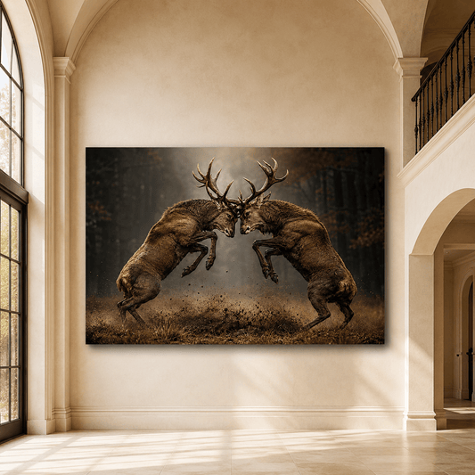 Fighting Stags Wrapped Canvas Wall Art – Two Deer Locking Antlers Wildlife Print - ART OF ROYALS