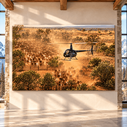 Helicopter Mustering Massive Cattle Herd Wrapped Canvas Wall Art – Dusty Ranch Aviation Landscape Print - ART OF ROYALS