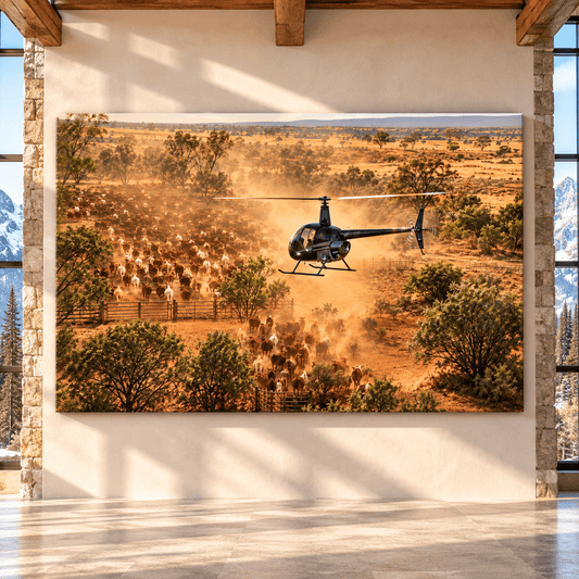 Helicopter Mustering Massive Cattle Herd Wrapped Canvas Wall Art – Dusty Ranch Aviation Landscape Print - ART OF ROYALS