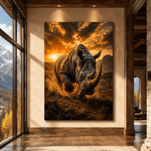 Charging Rhino at Golden Sunset Wrapped Canvas Wall Art – Dramatic African Wildlife Print - ART OF ROYALS