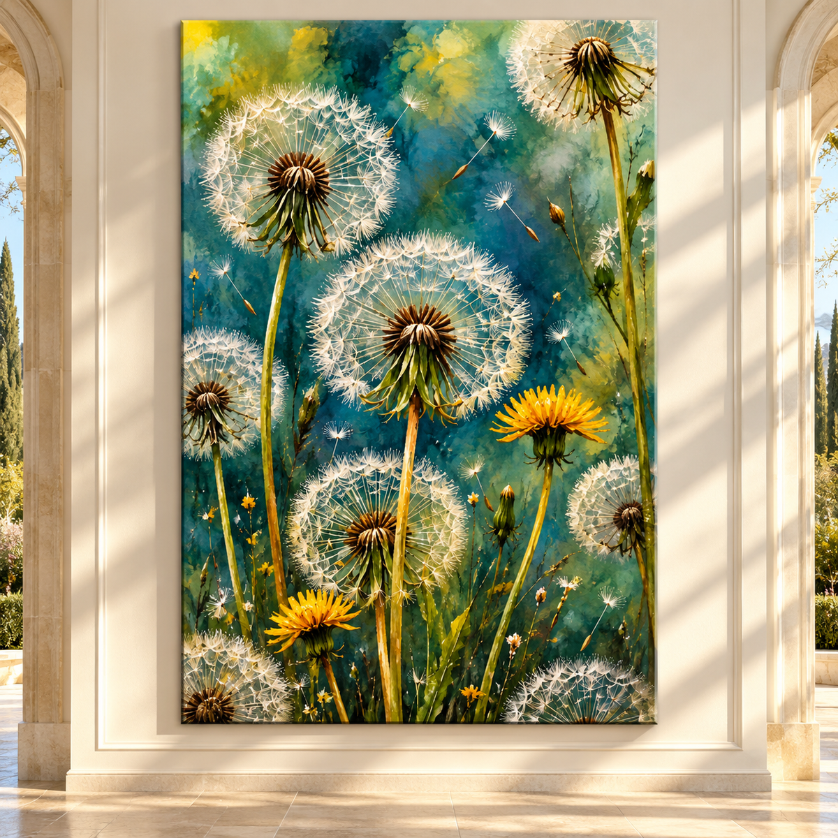 Teal Dandelion Wrapped Canvas Wall Art – Golden Yellow Wildflower Botanical Painting