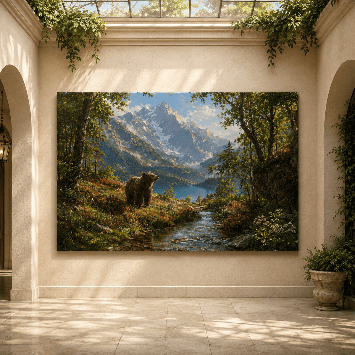 Grizzly Bear Mountain Landscape Wrapped Canvas Wall Art – Alpine Lake & Wildflower Wilderness Print - ART OF ROYALS