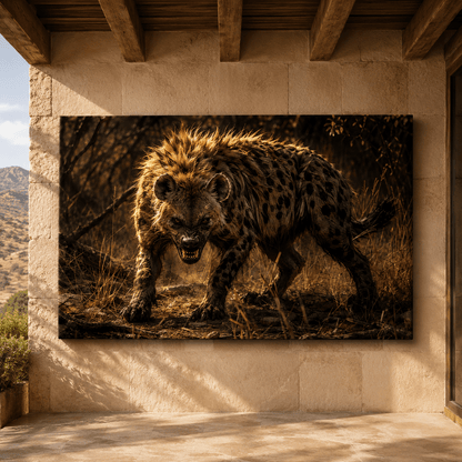 Snarling Hyena in Golden Light Wrapped Canvas Wall Art – Fierce African Wildlife Print - ART OF ROYALS
