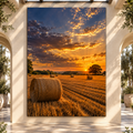 Golden Hay Field at Sunset Wrapped Canvas Wall Art – Rustic Farmhouse Harvest Landscape Print