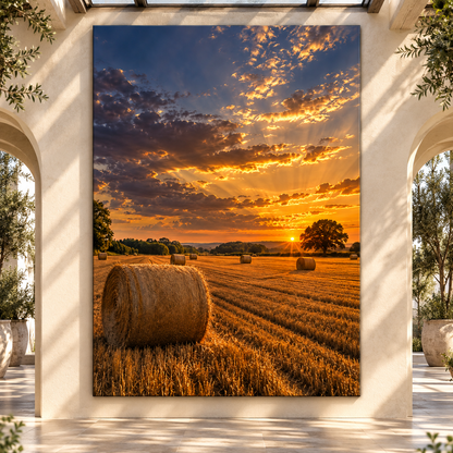 Golden Hay Field at Sunset Wrapped Canvas Wall Art – Rustic Farmhouse Harvest Landscape Print