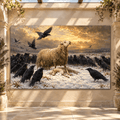 Protective Ewe & Lamb with Ravens in Snow Wrapped Canvas Wall Art – Dramatic Winter Farm Animal Painting