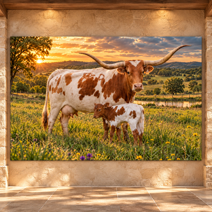 Texas Longhorn Cow and Calf at Sunset Wrapped Canvas Wall Art – Rustic Ranch Cattle Print