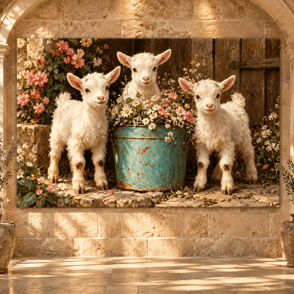 Three Baby Goats with Wildflowers Wrapped Canvas Wall Art – Rustic Farmhouse Kid Goat Painting
