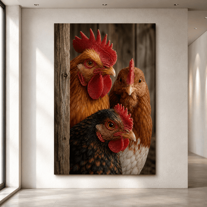Three Chickens in Rustic Barn Wrapped Canvas Wall Art – Farmhouse Hen & Rooster Portrait Print - ART OF ROYALS