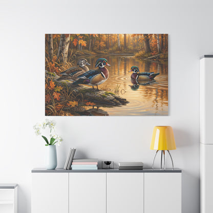 Wood Ducks in Autumn Pond – Serene Nature Wildlife Canvas Wall Art