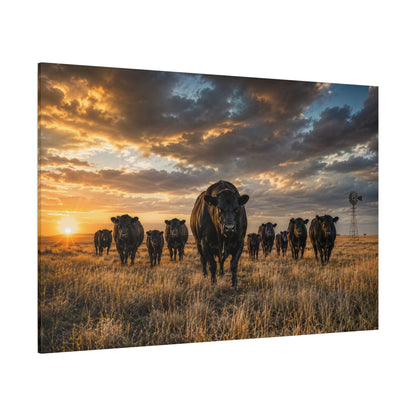 Black Angus Cattle Herd at Golden Sunset Wrapped Canvas Wall Art – Ranch Windmill Print - ART OF ROYALS