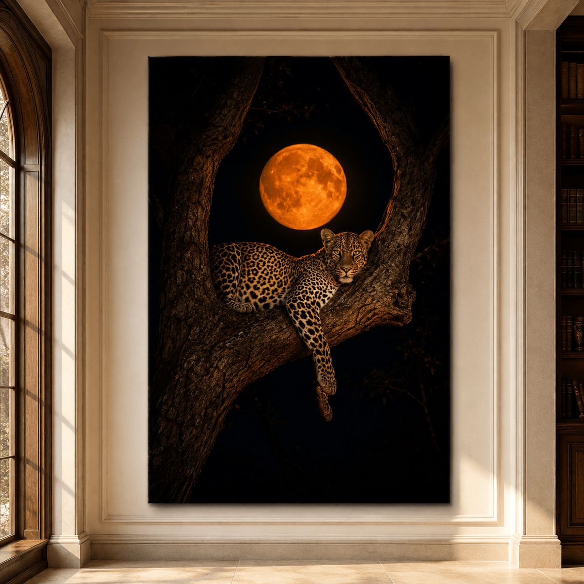 Leopard Resting Beneath Full Moon Wrapped Canvas Wall Art – Moonlit Big Cat Wildlife Print - ART OF ROYALS