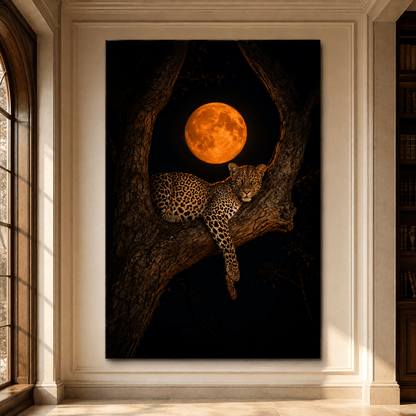 Leopard Resting Beneath Full Moon Wrapped Canvas Wall Art – Moonlit Big Cat Wildlife Print - ART OF ROYALS
