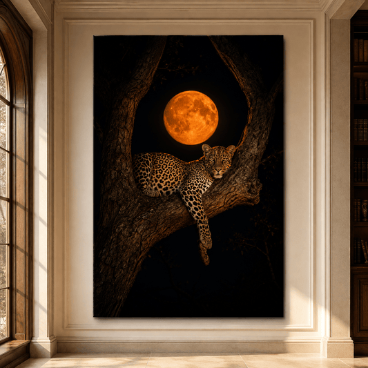 Leopard Resting Beneath Full Moon Wrapped Canvas Wall Art – Moonlit Big Cat Wildlife Print - ART OF ROYALS
