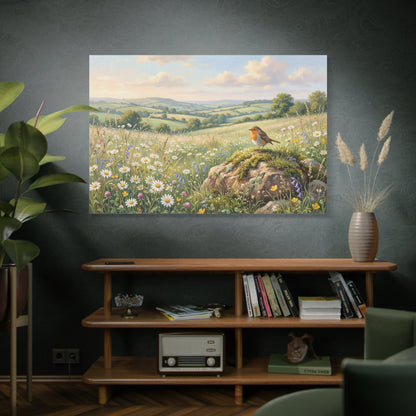 Robin in Blooming Meadow – Peaceful Countryside Canvas Wall Art