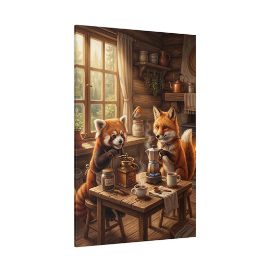 Cozy Woodland Coffee Time – Red Panda & Fox Rustic Cabin Canvas Wall Art