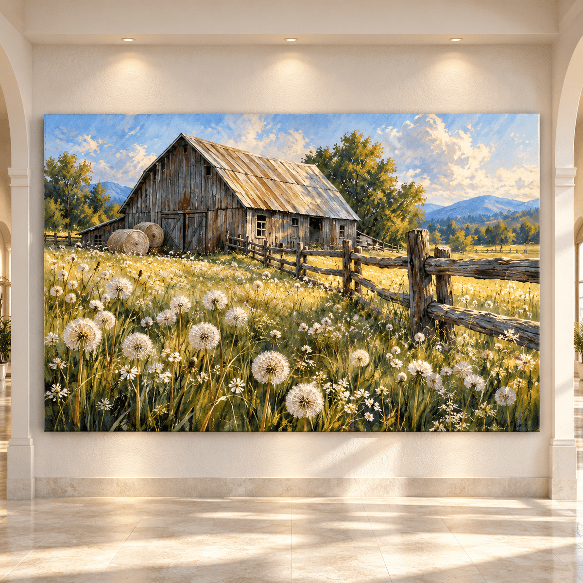 Rustic Barn & Dandelion Meadow Wrapped Canvas Wall Art – Country Farm Landscape Painting - ART OF ROYALS