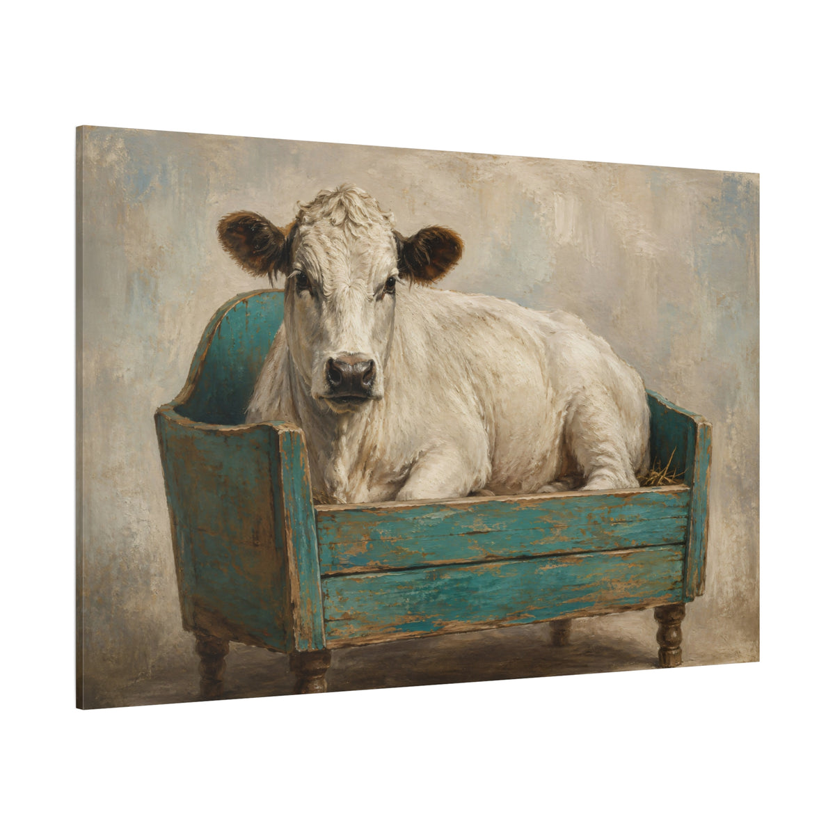 Whimsical Cow in Vintage Bench Wrapped Canvas Wall Art – Quirky Farmhouse Oil Painting Print - ART OF ROYALS