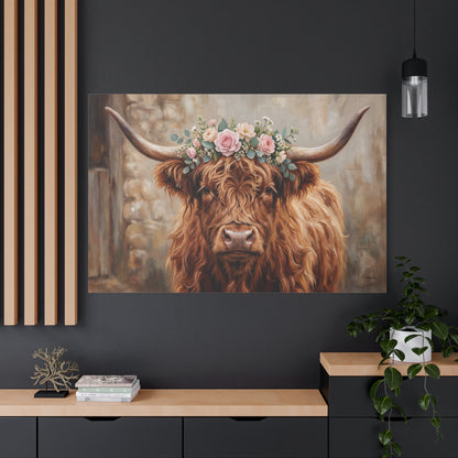 Highland Cow with Floral Crown – Rustic Farmhouse Canvas Wall Art