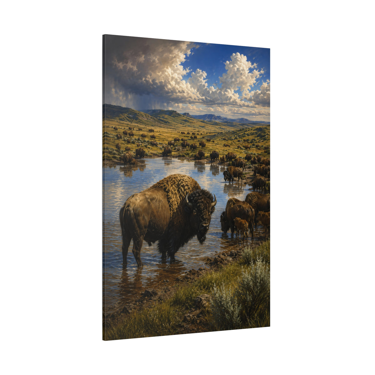 Bison Herd at Watering Hole Wrapped Canvas Wall Art – Epic National Park Landscape Print - ART OF ROYALS