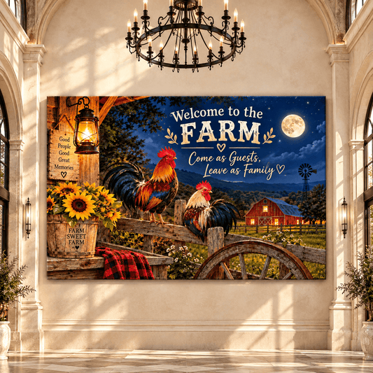 Welcome to the Farm Rooster Wrapped Canvas Wall Art – Rustic Farmhouse Chicken & Country Decor Print - ART OF ROYALS