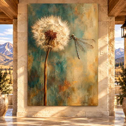 Dandelion & Dragonfly Wrapped Canvas Wall Art – Teal and Gold Botanical Nature Painting